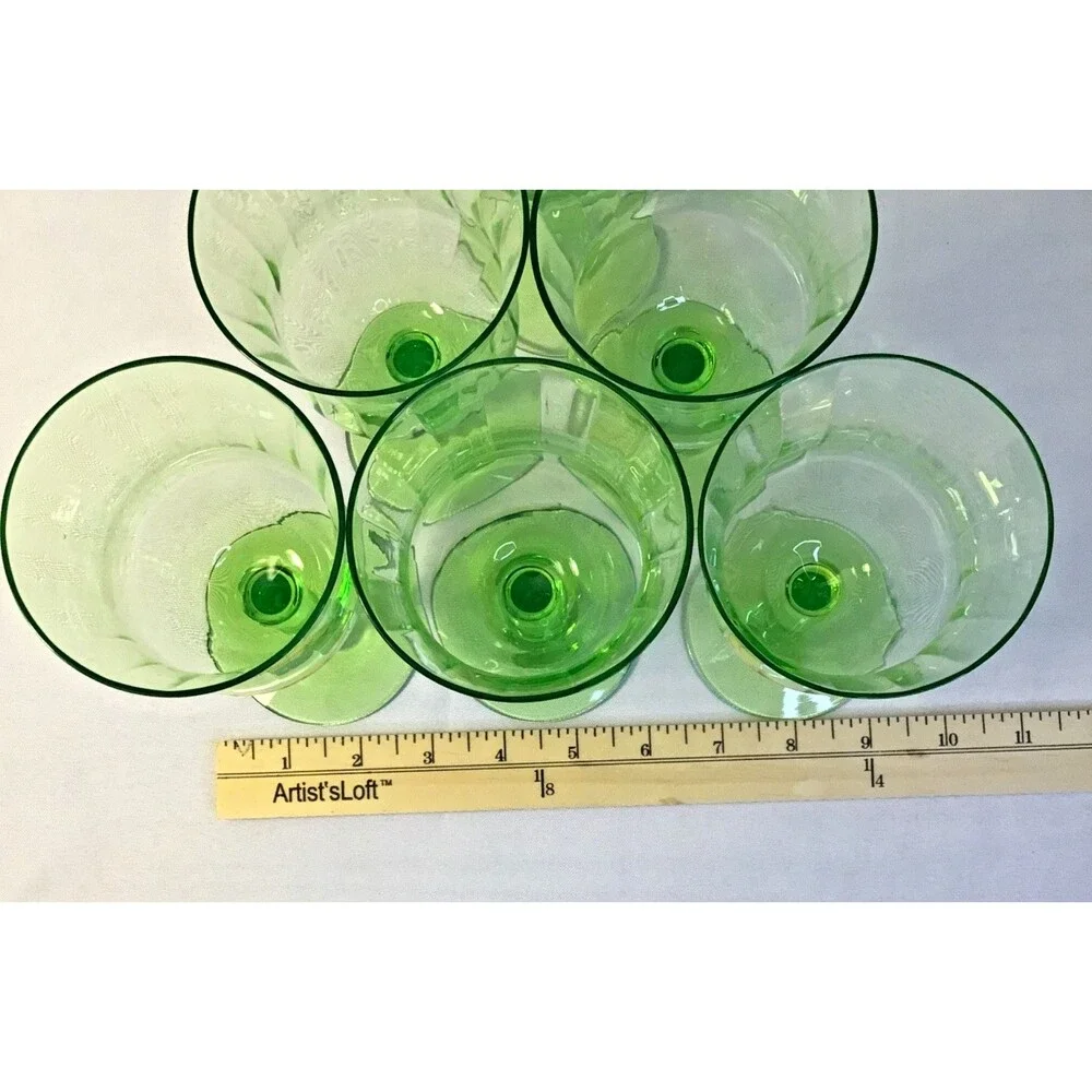 Vintage Green Optic-Panel Stem Goblet  Glasses Set Of 6